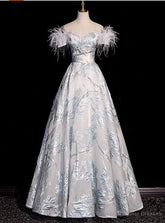 Silver Off the Shoulder Feather Prom Dress